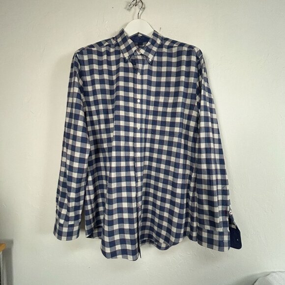 J. McLaughlin Mens Blue White Gingham Long Sleeve Button-Down Shirt Large Casual - Picture 1 of 9